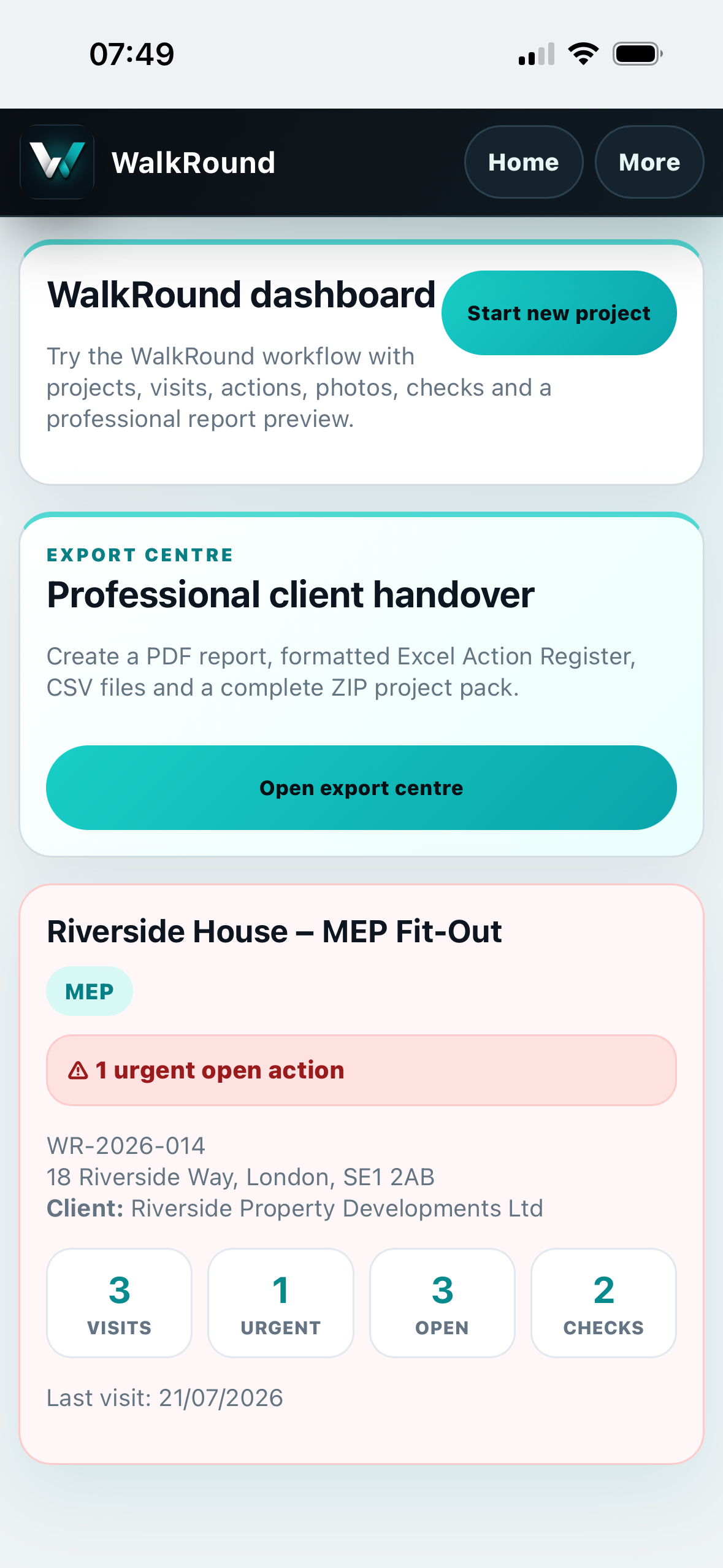 WalkRound project dashboard