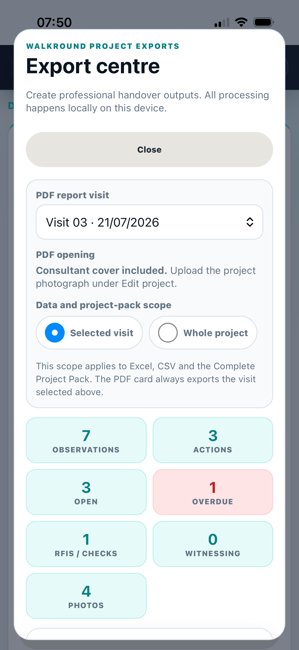 WalkRound export centre with output choices and progress